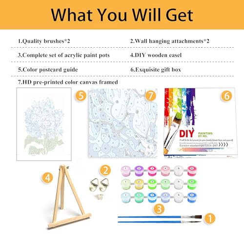 Mowana Paint by Numbers Kit for Adults - Hydrangeas Adult Paint by Numbers for Beginners on Canvas with Frame and Easel, Easy Acrylic Oil Painting by Number Kits 8x12 inch - color: Hydrangeas
