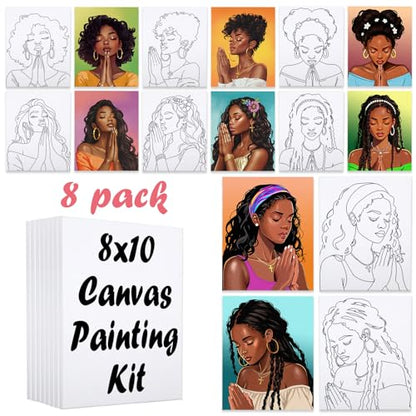 8 Pack Pre Drawn Canvas Painting Kits for Adults Sip and Paint Kit Pre Stretched Canvases Painting Party Supplies for Beginner Artists (Pray Girl, 8 x 10 Inches) - size: 8x10, style: Pray Girl,without Frame