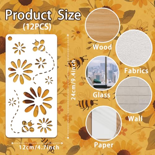 12 Sheets Bee Theam Stencils for Painting, 12 Styles Bees Beehive Honey Pot Flower Drawing Template Plastic Art Templates for Painting on Wall Wood Home Decor - style: Bee Theam