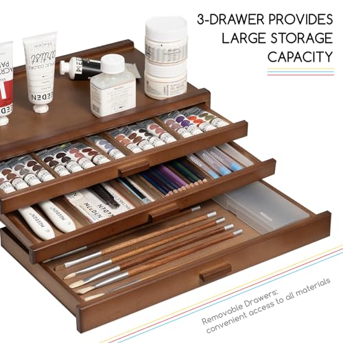 MEEDEN PRO Wood Artist Supply Storage Box - 3 Drawers Art Supply Storage Box - Solid Beech Wood Art Organizer Box - Portable Storage Box for Pastels Pencils Brushes Paints Markers