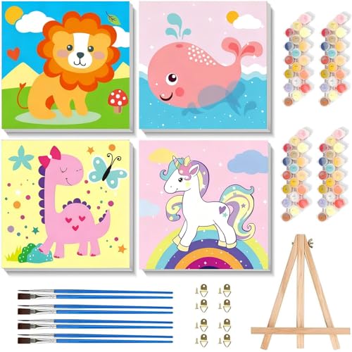 Arttoplus 4 Pack Paint by Numbers Kit for Kids with Frame,Cute Animals Kids Paint by Numbers Ages 4-8-12 with Wooden Easel,Easy DIY Acrylic Oil Painting by Number for Gift Home Wall Decor(8x8 inch) - color: BKH2036+BKH2037+BKH2038+BKH2039