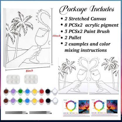 PAILIM 2 Pack Sip and Paint Kit for Adults Couples Painting Kit Pre Drawn Canvas to Paint at Home Date Night Party Favor Supplies Art Painting Set Seaside Clink Glasses Couples Activity 8x10 - style: Essential Painting Kit