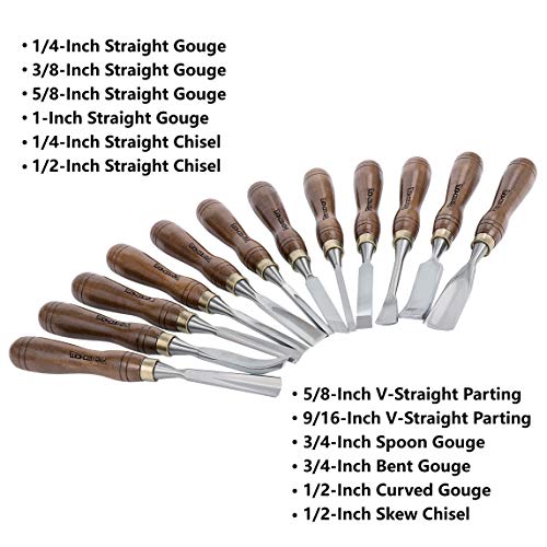 12-Pieces Woodworking Wood Carving Tools Chisel Set with Wooden Box, Razor Sharp CR-V 60 Steel Blades - size: 12-Pieces Carving Chisel