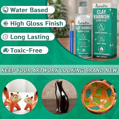 Air Dry Clay Glaze, Clear High Gloss Sealant and Air Dry Clay Varnish for Crafts, Ceramics, Wood and Artwork, Protects from Cracking, Scratches and Wear, Enhances Shine 60ml (Gloss)
