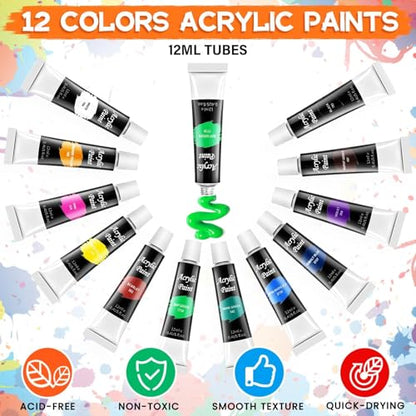 POPYOLA Acrylic Paint Set for Kids, Non Toxic Kids Painting Set with Tabletop Easel, Acrylic Paints, Smock, Canvases, Wooden Stencils, Brushes, Painting Kit Gift for Beginner Student Toddlers - color: Pink