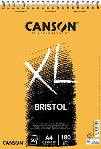 CANSON XL Bristol 180gsm A4 Paper, Very Smooth, Spiral Pad Short Side, 50 Extra White Sheets, Ideal for Professional Artists & Illustrators - size: A4