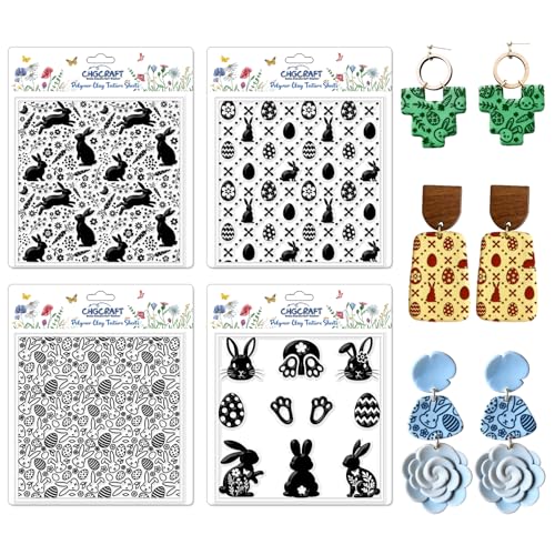 CHGCRAFT 4 Pcs Easter Polymer Clay Texture Sheets Easter Eggs Silicone Texture Stamp Bunnies Clay Texture Mat Background Modeling Pattern Pad for Jewelry and Clay Earrings Tools, 5.5x5.5 inch - style: Easter Bunnies