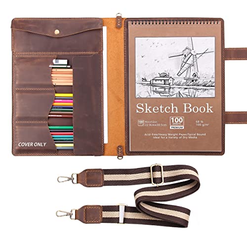 Robrasim Handmade Leather Sketchbook Cover, Artist Sketch Pad Holder for 9"X12" Top Spiral Bound Sketchbook, Drawing Book Pencil Case, Journal Portfolio with Shoulder Strap, Artist Gifts,Brown - color: Brown, size: For 9"x12"