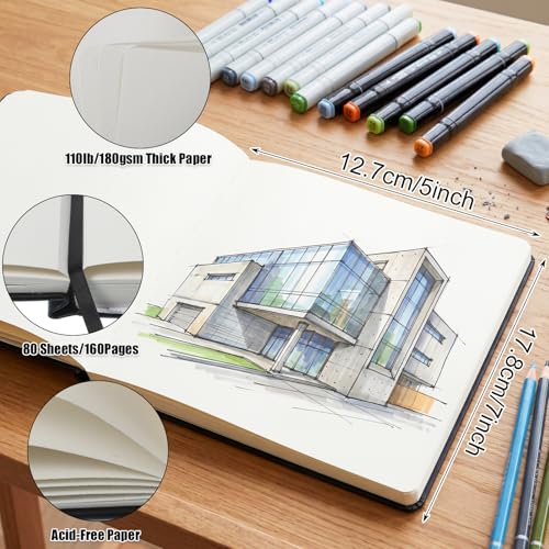 Hardcover Sketch Book, 110lb/180GSM Sketchbook for Drawing Painting, 160 Pages/80 Sheets Sketch Pad, 5×7 in Drawing Book Art Supplies for Teens, Adults, Artists - size: 5×7 Inch (1 Pack)