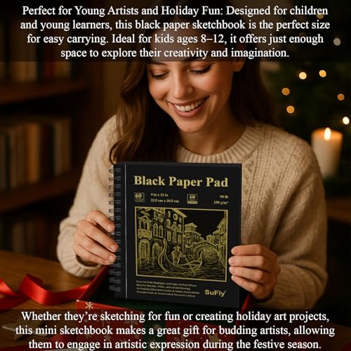 SuFly Black Paper Notebook, 60 Sheets Spiral Bound Sketch Book 9x12, 90lb/150gsm Black Art Paper for Drawing and Painting. - color: Black, size: 9-x-12-inch:1 Pack
