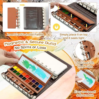 A7 Pocket Watercolor Paint Set, 24 Colors with 2 Water Brush Pens, 48 Sheets Binder Paper & 2 Anti-Stain Dividers, Portable Travel Sketching Kit for Adults Artists, Travel Journaling Gift
