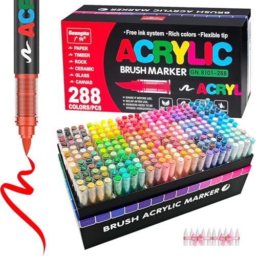 KsopiaVobs 288 Color Acrylic Paint Pens, Soft Brush Tip Acrylic Paint Markers,Quick-Drying Waterproof Acrylic Marker for Canvas, Rock Painting, Wood, Stone, Glass, Ceramic, Fabric Painting, DIY Crafts - color: 288 Color