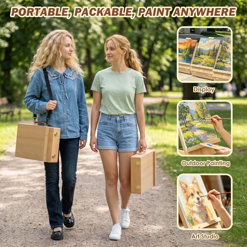 Tabletop Easel for Painting, Adjustable Beechwood Sketchbox with Large Capacity Storage, Portable Desktop Art Easel Stand, Travel Station with Detachable Shoulder Strap for Adults, Artists & Beginners