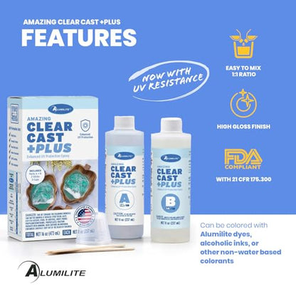 Alumilite Amazing Clear Cast Plus Epoxy Resin Kit for Making and Molding, UV, Plastic Coating, Casting for Countertops, Cups, Tumblers, High-Gloss, Glass Finish - 16 oz (8 oz Part A + 8 oz Part B) - size: 16 fl. oz.