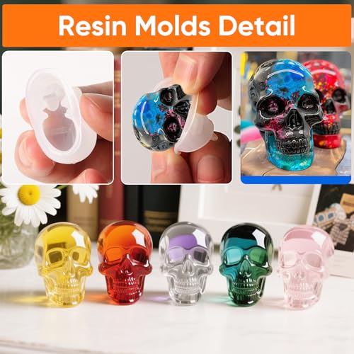 Resin Skull Molds, 8 PCS Flexible Clear Silicone Molds with Key Ring Accessory, 3D Skull Head Molds for Candle Making, Home Decor & Halloween Decoration