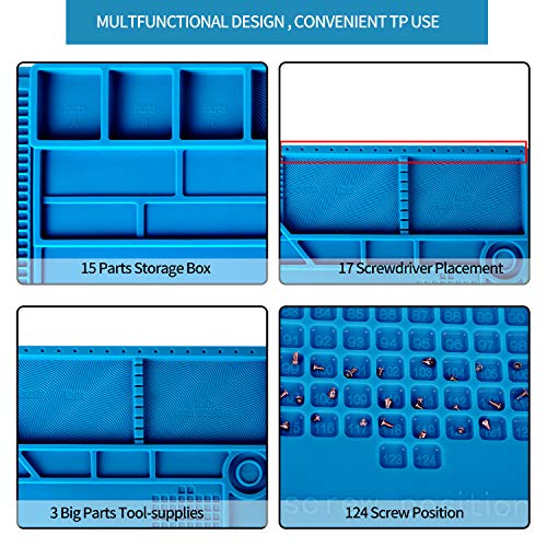 Kaisiking 4 Pcs Large Soldering Mat Set Silicone Repair Mat Placing Screws with Anti-Static Wrist and 2 Tweezers Computer Repair Mat for Soldering, Electronics Repair,Size 21.6 x 13.8 Inch - color: 180 Soldering Mat Kit