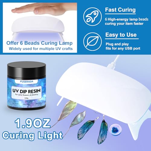 25PCS UV Dip Resin Kit for Wire Flowers Jewelry, 100g UV Dip Resin with Light Set, Crystal Clear Fast Curing Resin, Silicone Mat, UV Dip Epoxy Resin Jewelry Making Kit Supplies, DIY Art Crafts