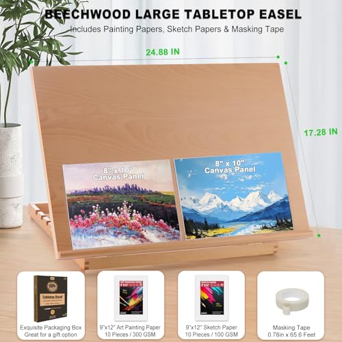 24.9"x17.3" Beechwood Tabletop Easel with Paint and Sketch Papers,Mask Tape | Extra Large Adjustable Art Easel Stand, Drawing Board for Painting, Sketching and Diamond Art - style: A2