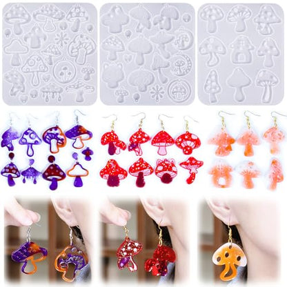 Rifanda Earring Resin Molds with Hole, 3 PCS Mushroom-Shaped Earrings Mold with 20 Pairs Earring Hooks & Studs, Silicone Jewelry Molds for Epoxy Resin for DIY Pendant Keychain Jewelry Making