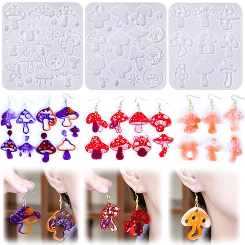 Rifanda Earring Resin Molds with Hole, 3 PCS Mushroom-Shaped Earrings Mold with 20 Pairs Earring Hooks & Studs, Silicone Jewelry Molds for Epoxy Resin for DIY Pendant Keychain Jewelry Making