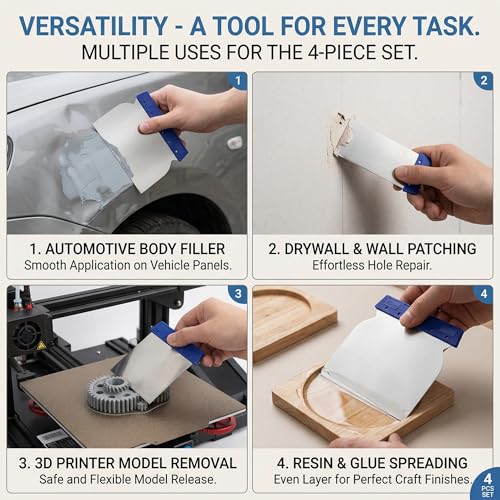 4 Pcs Metal Body Filler Spreader Set, Stainless Steel Putty Knife Kit for Bondo & Glaze, Flexible Reusable Auto Body Repair Tools Scraper for Resin 3D Print Removal (Sizes 2, 3, 4,.5 Inch)