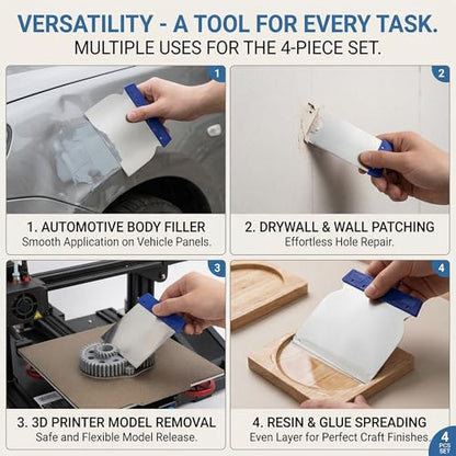 4 Pcs Metal Body Filler Spreader Set, Stainless Steel Putty Knife Kit for Bondo & Glaze, Flexible Reusable Auto Body Repair Tools Scraper for Resin 3D Print Removal (Sizes 2, 3, 4,.5 Inch)