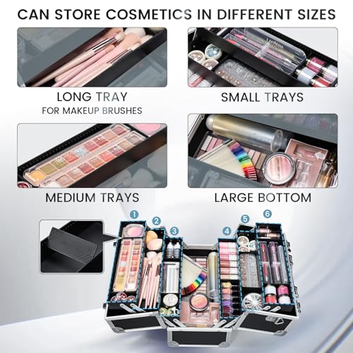FRENESSA Makeup Train Case Makeup Case 12.6 Inch Large Cosmetic Box Organizer Travel Storage Professional Make Up Train Carrying Case with 6 Trays Locking Shoulder Strap Hard Vanity Storage Black - color: Black