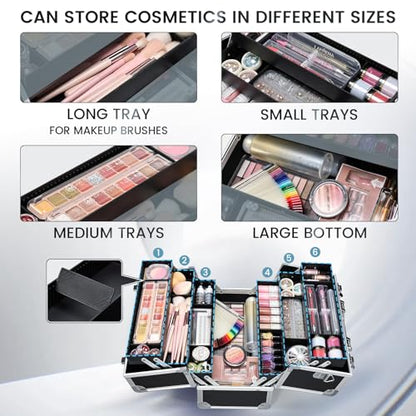 FRENESSA Makeup Train Case Makeup Case 12.6 Inch Large Cosmetic Box Organizer Travel Storage Professional Make Up Train Carrying Case with 6 Trays Locking Shoulder Strap Hard Vanity Storage Black - color: Black