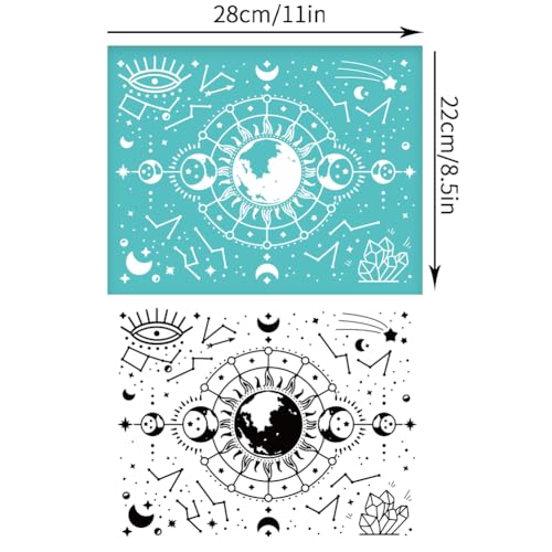 2 Sheets Moon Phases Silkscreen Stencil for Painting, Moon Stars Painting Stencils Templates Reusable Self-Adhesive Silk Screen Printing for Wall Border Wood Fabric Home Craft Decor - style: Moon Phases