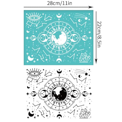 2 Sheets Moon Phases Silkscreen Stencil for Painting, Moon Stars Painting Stencils Templates Reusable Self-Adhesive Silk Screen Printing for Wall Border Wood Fabric Home Craft Decor - style: Moon Phases