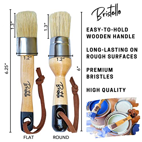 Chalk & Wax Paint Brush Set - 1x Flat & Round Furniture Brushes - 1' Small Paint Brush Duo Stencil, Milk & Wax Paintbrush