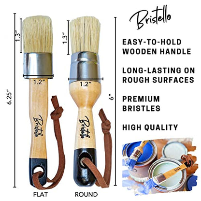 Chalk & Wax Paint Brush Set - 1x Flat & Round Furniture Brushes - 1' Small Paint Brush Duo Stencil, Milk & Wax Paintbrush