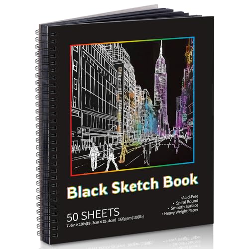 Prudiut Black Paper Sketchbook 1 Pack 7.6x10 Inch, 160gsm Acid-Free Spiral Binding Hardcover Sketch Book, Artist Drawing Book Mixed Media Colored Pencil Chalk Metal Marker Portfolio Gift - size: 7.6×10 Inch (1 Pack )