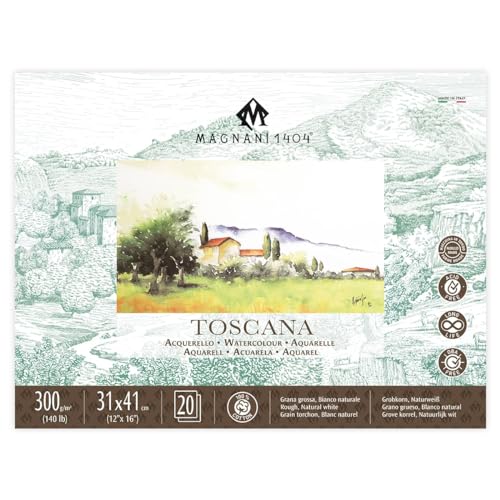 Magnani 1404 Toscana Rough 100% Cotton Watercolor Paper Block, 20 Sheets, 12x16, 140 lb, Acid-Free, UV Resistant, Vegan Sized Water Color Paper for Artists, Made in Italy - size: 12x16" Block