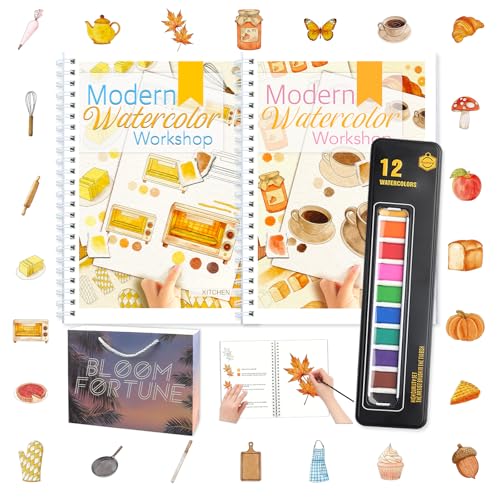 2-Pack Beginner Watercolor Workbooks: 24 Coloring Pages + 12 Watercolor Paints + Brush – 300gsm/140lb Paper – Gift for Women, Adults & Beginners (Autumn & Kitchen) - style: Autumn & Kitchen