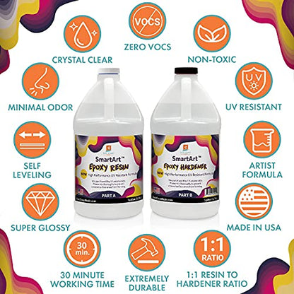SmartArt Epoxy Resin 2 Gallon Kit | Easy to Use, Crystal Clear, Super Glossy, Durable, UV Resistant | for Arts & Crafts, Jewelry, Tabletops, Casting Molds, DIY - (1 Gallon + 1 Gallon)