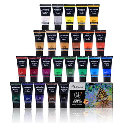 Artecho Professional Acrylic Paint Set, 24 Basic Colors Tubes (60ml / 2.02oz) Art Craft Paints for Canvas, Rock, Wood, Fabric, Art Supplies - color: 24 Basic Colors, style: Regular
