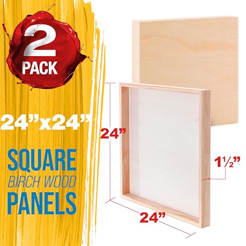 U.S. Art Supply 24" x 24" Unfinished Cradled Wood Panels for Painting, Gallery 1-1/2" Deep (2 Pack) - Artist Depth Wooden Wall Canvases - Mixed-Media Craft, Acrylic, Oil, Encaustic, Paint Pouring - size: 24" x 24", style: Square