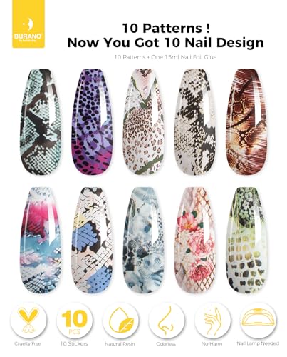 BURANO Nail Art Nail Foil Glue Gel, o.5 oz with 10PCS Foil Stickers Set Nail Foil Glue for Nails Foil Transfer Gel, Nail Design DIY UV LED Lamp Required (Animal 29) - color: Animal 29