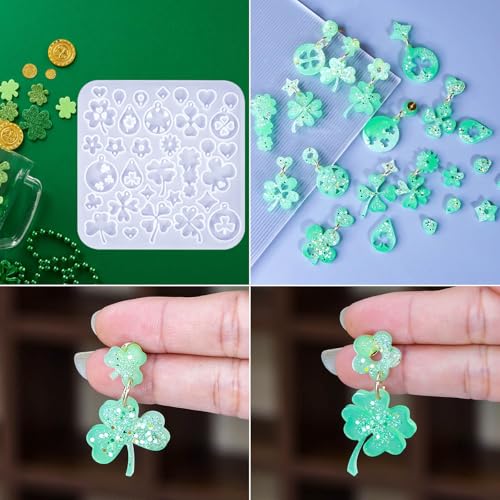 3 Pack Shamrock Silicone Resin Earring Molds, Lucky Straw Shape Earring UV Molds Epoxy Resin Casting Mold with 200Pcs Earring Hook for St Patrick's Day Keychain Jewelry Pendant DIY Supplies - color: 3 Pack Shamrock