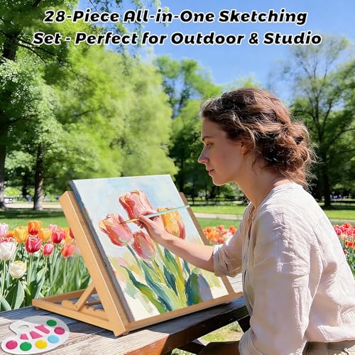 28 Pack Tabletop Easel Set,18.5"x12" Adjustable Portable Beechwood Drawing Board with 12 Paints, Canvas, Brushes, Sketchbook & More, Art Supplies for Kids Adults Beginners