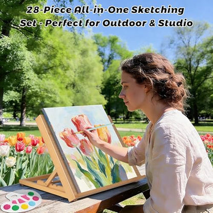28 Pack Tabletop Easel Set,18.5"x12" Adjustable Portable Beechwood Drawing Board with 12 Paints, Canvas, Brushes, Sketchbook & More, Art Supplies for Kids Adults Beginners
