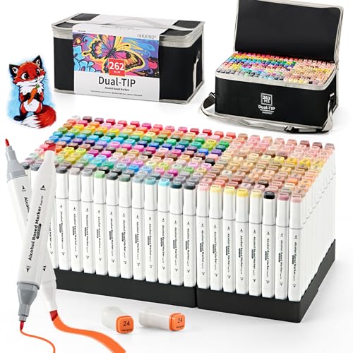 Alcohol Markers Set 262 Colors with Case & Pen Holder, Dual Tip Alcohol Based Art Markers, Chisel & Fine Coloring Pens for Adult Coloring Books, Drawing, Sketching, Illustration - color: 262 colors pens