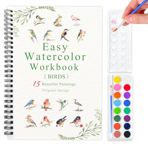 SLWBZ Watercolor Workbook Birds, 15 Different Patterns of Original DIY Designs, 16 Color Watercolor Paint Plates with Palette and Brush, Beginner-Friendly Watercolor Workbooks, Birds - color: Birds, size: with palette