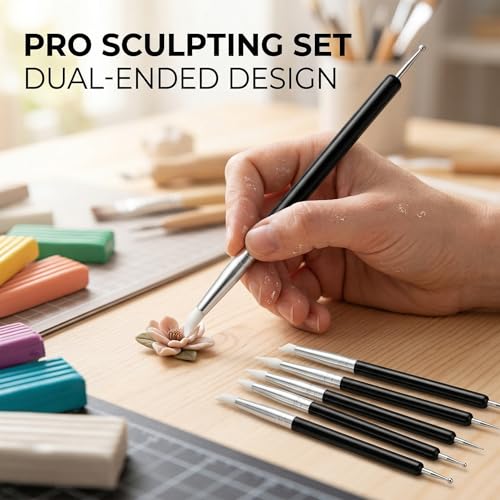 Tool Set, 5Pcs Double-Ended Clay Sculpting Tools with 5mm Black Handle Silicone Tips and Dotting Ends, Ceramic Pottery Carving Tools and Supplies for DIY Sculpture and Air Dry Clay