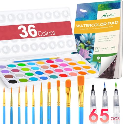 AROIC 65 Pieces Watercolor Paint Set,36 Colors Watercolor,10 Brushes,3 Refillable Water Brush Pens,16 Page Pad(8.5 * 5.5in),Profesional Watercolor Kit for Adults Artists, Beginners - color: 36 watercolor paint set