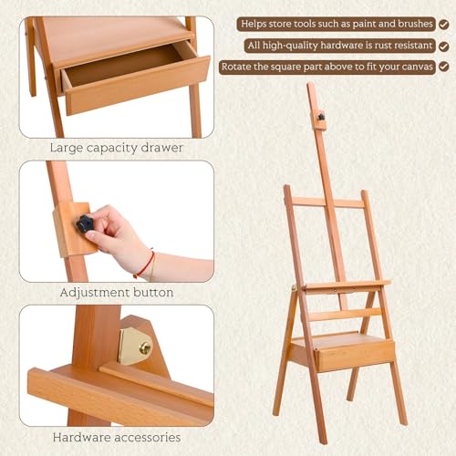 H Frame Easel with Drawer, French Style Artist Easel Solid Beech Wood Adjustable Height 59" to 75" Painting Canvas Holder Stand Tilts Flat Easels for Oil Painting Studio Classroom Adult Kids Wooden C