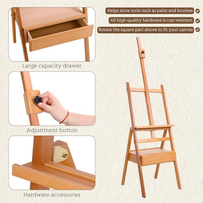 H Frame Easel with Drawer, French Style Artist Easel Solid Beech Wood Adjustable Height 59" to 75" Painting Canvas Holder Stand Tilts Flat Easels for Oil Painting Studio Classroom Adult Kids Wooden C