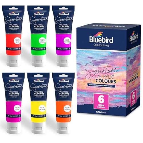 BLUEBIRD Signature Neon Acrylic Paint Set, Fluorescent Colors, 6-Pack 2.5 Fl Oz Tubes, Heavy Body, Acrylic Paints For Professionals, Students, Adults, & Artists - color: Neon Pink, Neon Orange, Neon Purple, Neon Yellow, Neon Red, Neon Green