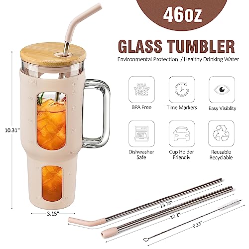 WINSA Glass Tumbler with Lid and Straw, 46 oz Iced Coffee Cup with Handle, Large Water Bottles with Silicone Sleeve, Glass Cup with Straws - Pearl Straw & Drinking Straw BPA Free-Amber - color: Amber, size: 46 Ounces